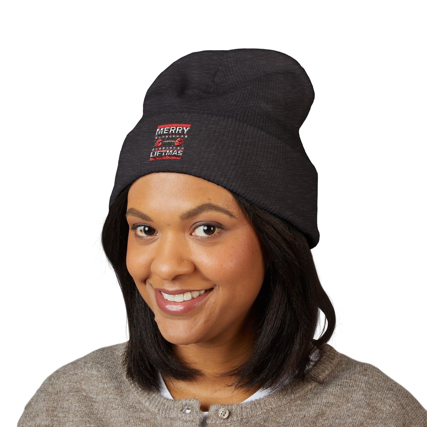 Embroidered 'Merry Little Xmas' Cuffed Beanie - Cozy Holiday Knit Hat